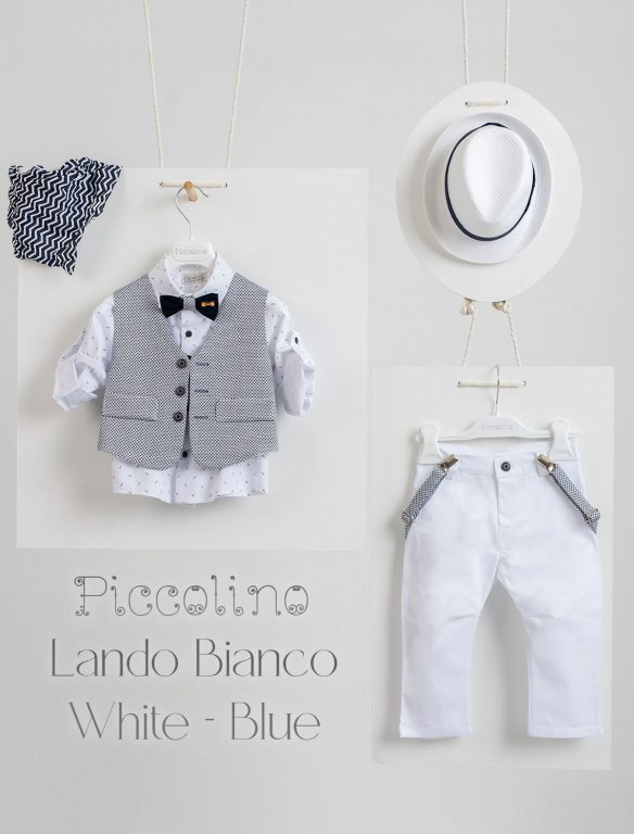 Christening suit Piccolino Lando-Bianco in White-Blue color